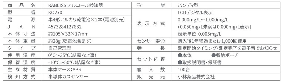 アルコール検知器ラブリス商品仕様